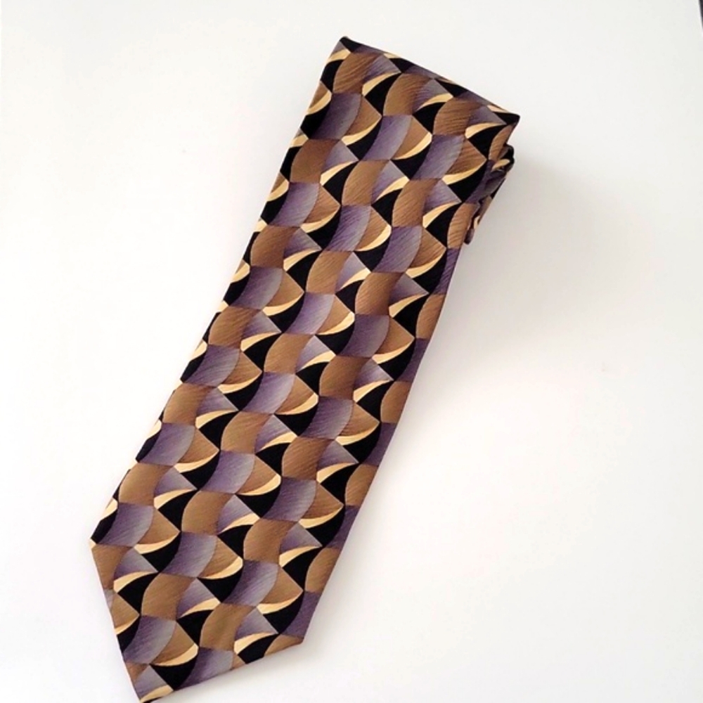 Men's Neck Tie Vintage Nino Mori Tan Black Grey Geographic 100 % Silk
